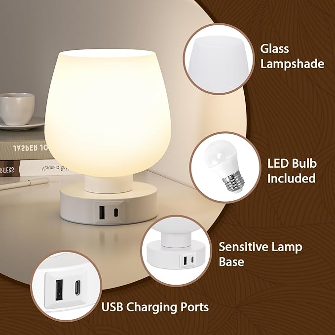Seealle Touch Table Lamp for Nightstand Set of 2 - Bedside Lamp with USB C+A Charging Ports for Bedroom Living Room Night Stands, Desk Lamp with White Glass Shade for Small Spaces, 3 Way Dimmable