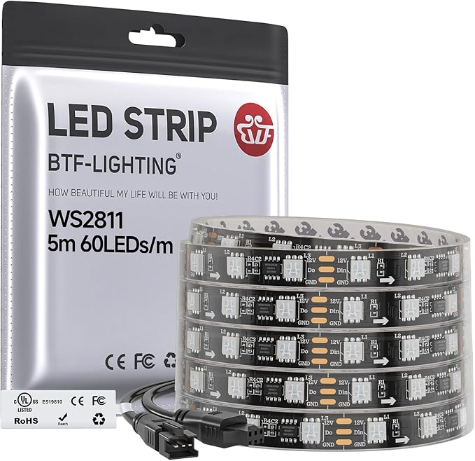 BTF-LIGHTING UL Listed WS2811 IC=RGB+IC Addressable Color RGB LED Strip,16.4FT 60LED/m 10Pixels/m,IP67 Black PCB Flexible DC12V Chasing Effect for Indoor Home Decor(No Adapter or Controller)