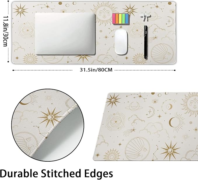 Boho Chic Sun Moon Large Mouse Pad XL Magic Mystical Galaxy Stars Clouds Extended Large Desk Mat Big White Desk Pad 80X30 CM Non-Slip Rubber Base Stitched Edge Long Mousepad,31.5×11.8 Inch