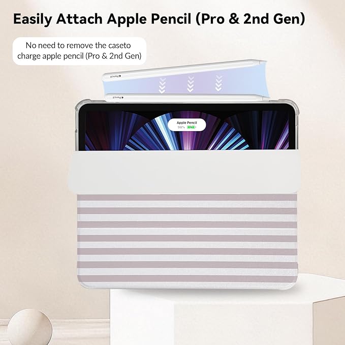 Lovmooful Compatible for iPad Pro 12.9-Inch 2022/2021/2020/2018 (6th/5th/4th/3rd Generation) Case with Pencil Holder Cute Striped with Aesthetic Design Soft TPU Trifold Stand Protective-Apricot
