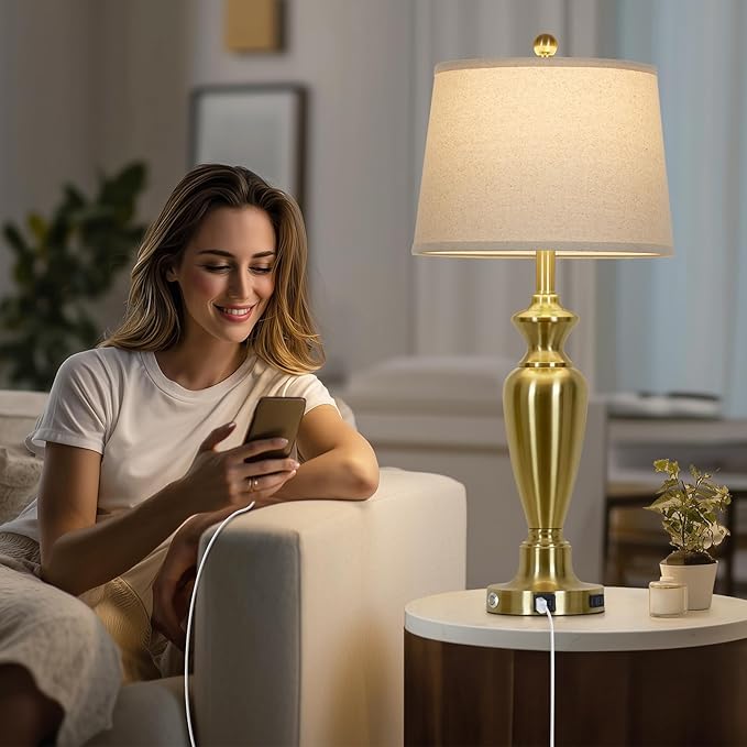 Cinyirong 30" Tall Gold Table Lamp for Living Room, 3-Way Dimmable Touch Control Bedside Lamp for Bedroom Nightstand with USB A+C Ports & AC Outlet (1 Pack)