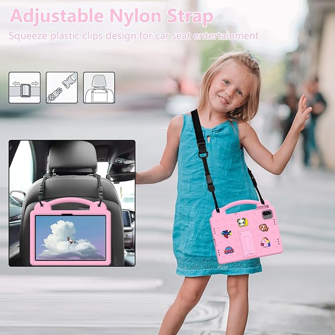 AKABEILA Compatible with Honor Pad X8a 2024/Infinix Xpad 11 inch 2024 Tablet Case, Kids Friendly Universal Lightweight Shockproof Protective Case with Shoulder Strap & Stand Handle Pink