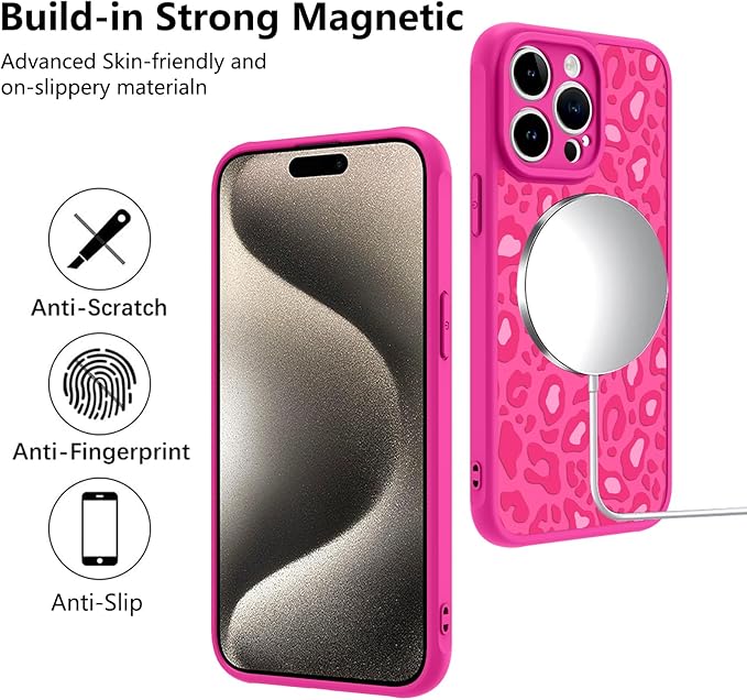 KANGHAR Case for iPhone 15 Pro Max Hot Pink Leopard Printed Pattern Cute Cheetah [Compatible with Magsafe] Protective Magnetic Case for Girls Women 6.7"