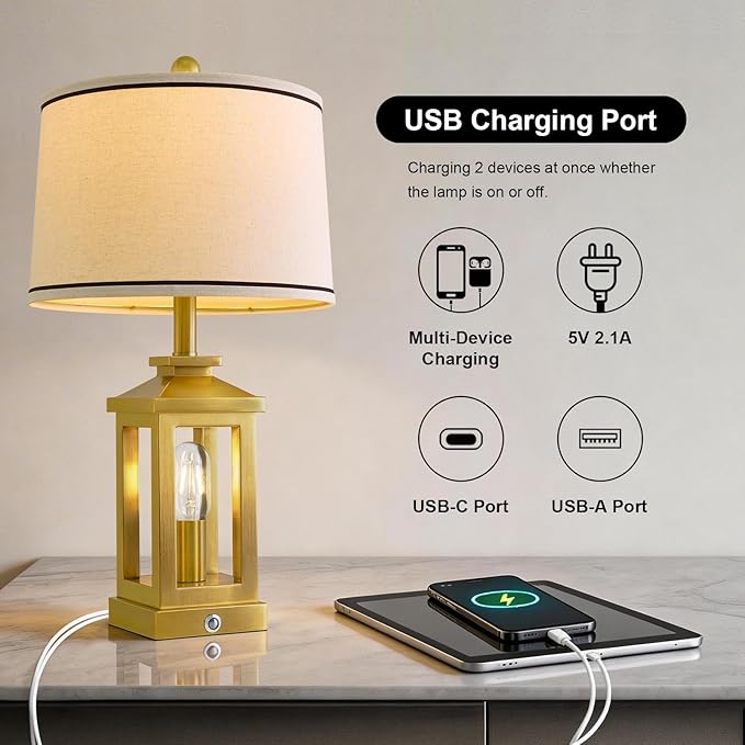 G-SAFAVA 24" Table Lamps for Living Room Bedroom Modern Gold Bedside Lamps Set of 2 Nightstand Lamps for Night Stands 3 Way Dimmable Touch Lamp with USB C+A Ports and 2 Light Sources, 4 Bulbs Includes