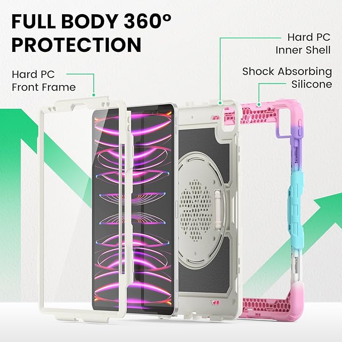 SEYMAC Case for iPad Pro 12.9 2022/2021/ 2020/2018, Heavy Duty Protection Shockproof Case with Screen Protector, 360° Rotating Stand/Handle/Shoulder Strap, Supports Pencil 2 Charging, Colorful Pink