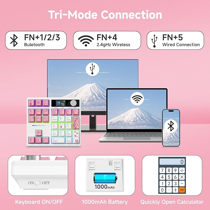 BOYI TD31Pro Gaming Keypad,BT5.0/2.4G/Type-C Wireless Numeric Keypad,RGB HotSwap Numpad Mechanical Number Pad,Gasket Number keypad Shortcut Keyboard(Romatic Cherry Blossom Keycaps)