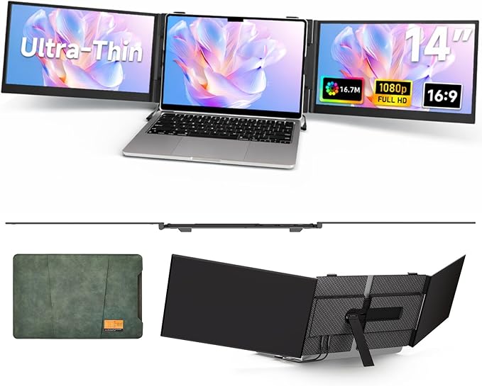 Triple Laptop Screen Extender, 2.2lb 14" FHD Ultra-Light Multiple Laptop Monitor Extender, Ultra-Thin Portable Monitors Attachable for 13.3-17" Laptops, Triple Screen Extender for Windows/Mac/Chrome