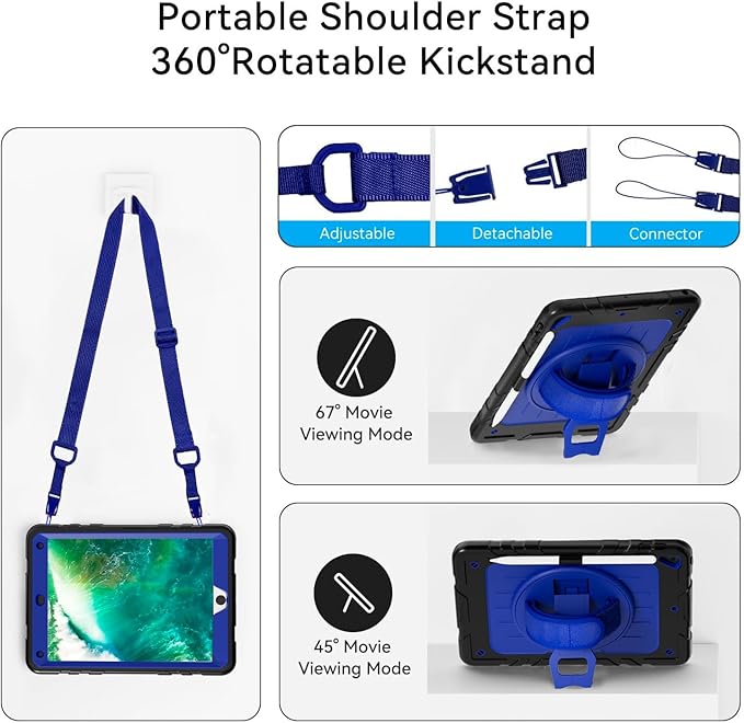 Case for iPad 6th/5th Generation 9.7''inch with Screen Protector Pencil Holder [360 Rotating Hand Strap] &Stand, Drop-Proof Case for iPad 6th/5th/ Air 2/ Pro 9.7 (Black&Blue)