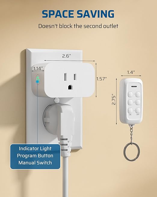 DEWENWILS Indoor Remote Control Outlet, Wireless Remote Outlets Switch, No Interference, 15A/1875W, 100FT RF Range, Compact Light Switch for Lamp,1 Remote 3 Outlets