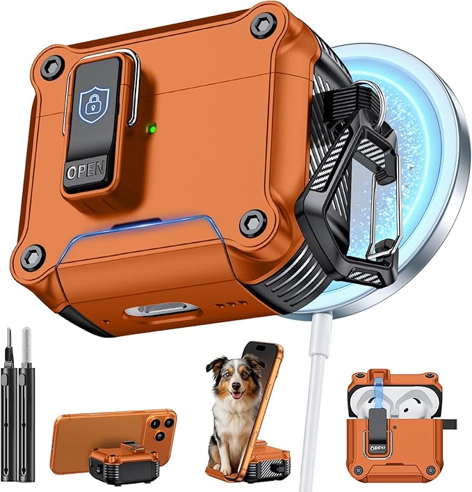 Inesore Compatible with AirPods 4 Generation Case,Secure Lock & Phone Stand Design,Compatible with MagSafe,Automatic Snap Switch Secure Cover for New AirPods 4th (2024)-Orange
