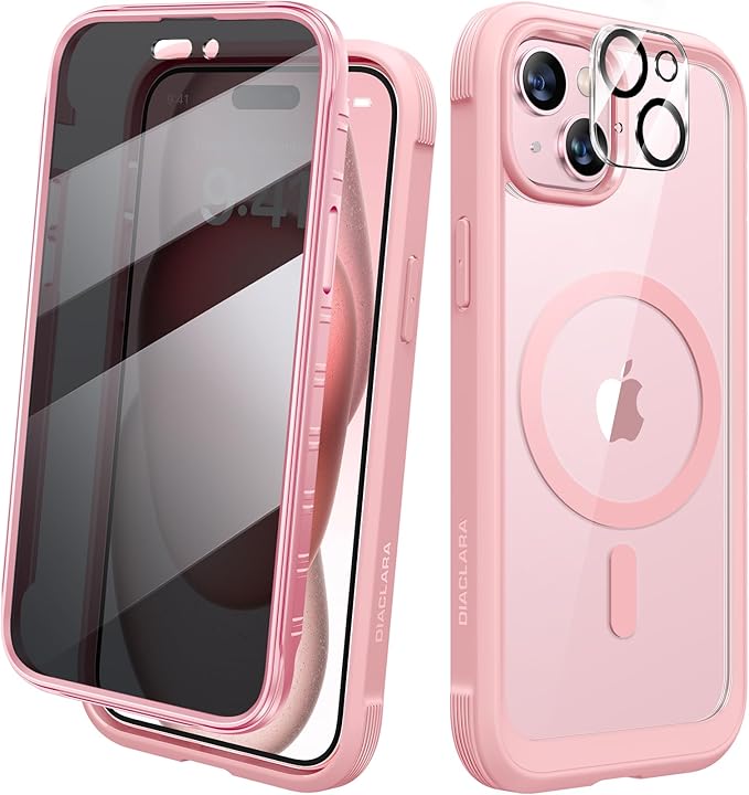 Diaclara Magnetic Designed for iPhone 15 Plus Case, Full Body Rugged Case with Built-in Privacy Touch Sensitive Anti-Scratch Screen Protector, with Camera Lens Protector (Coral Pink)