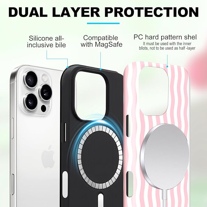 Magnetic for iPhone 13 Pro Max Case Cute Wavy Stripes Phone Case, Shockproof Slim TPU and Hard PC Protective Phone Cover Compatible with MagSafe Designed for Women Girls, Pink