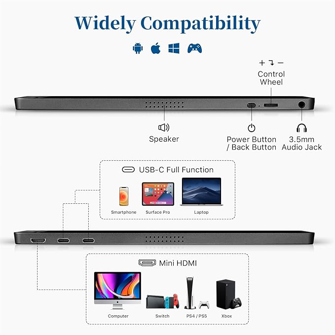 KYY Portable Monitor 15.6'' 1080P FHD USB-C Laptop Monitors w/Smart Cover & Dual Speaker, HDMI Computer Display IPS HDR External Gaming Monitor for PC Phone Mac Xbox PS4 Switch[Upgraded]
