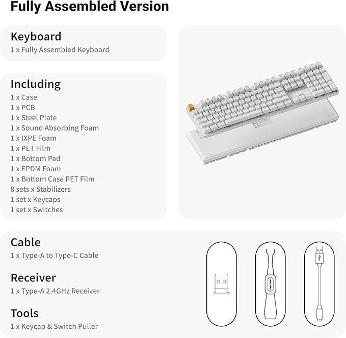 Keychron KJ5 Wireless Custom Mechanical Keyboard, 2.4 GHz Bluetooth QMK Full-Size Layout RGB, Hot-swappable Red Switch Compatible with Mac Windows Linux, for Gaming Office - White