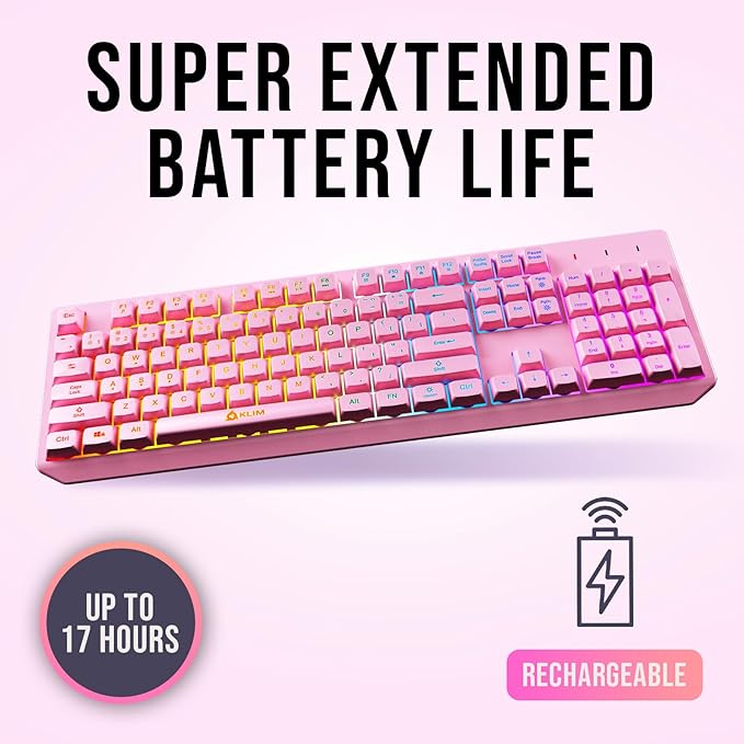 KLIM Chroma Pink Wireless Keyboard – RGB Backlit, Rechargeable Battery, Wireless Keyboard with Water-Resistant Durable Design, Compatible with PC, Mac, PS4, PS5