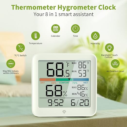 Indoor Thermometer Room Temperature Home Hygrometer Humidity Gauge, Accurate with Calibration, Backlight, Air Comfort Indicator, 24H Max Min Records, Time, Date (AAA Batteries Included)