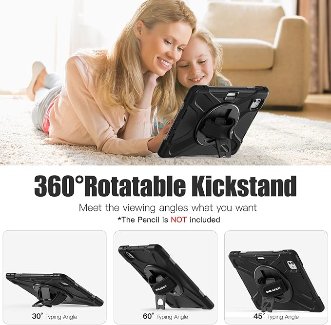BRAECNstock for Apple iPad Pro 11 inch Case M5 2025/ M4 2024, Shockproof Protective Case with Pencil Holder,360° Rotating Hand Strap + Stand, Shoulder Strap for iPad Pro 11 M5/ M4, Black