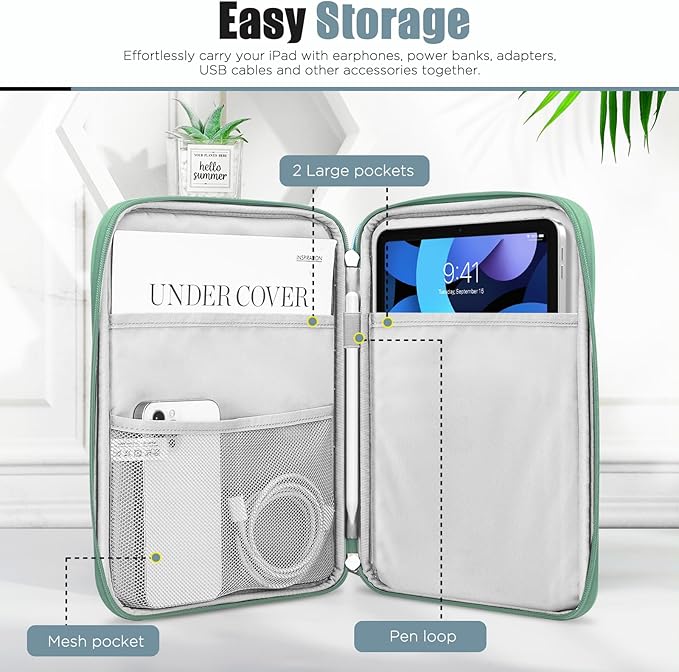 TiMOVO 9-11" Tablet Sleeve Bag for iPad 11-inch A16 2025, iPad 10.9"/10.2"| Air 11 Inch/5th/4th Gen. 10.9", Galaxy Tab A9+/A11Plus 11", Protective Bag with Pocket, Bodhi Green