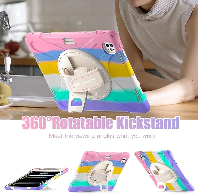 BRAECNstock Kids Case for Apple iPad Pro 13 inch M5 2025 / M4 2024, Shockproof Protective iPad 13 Pro Case with Pen Holder [360 Rotating Hand Strap & Stand], Shoulder Strap, Colorful Pink