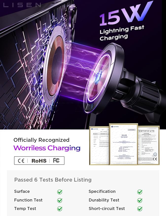 LISEN for 15W MagSafe Car Mount Charger,Magnetic Wireless Car Charger for iPhone 17 Pro Max Accessories,Magnetic Phone Holder for iPhone 17-12,Samsung,Pixel 9,Jeep Ford F150 Accessories,Gifts