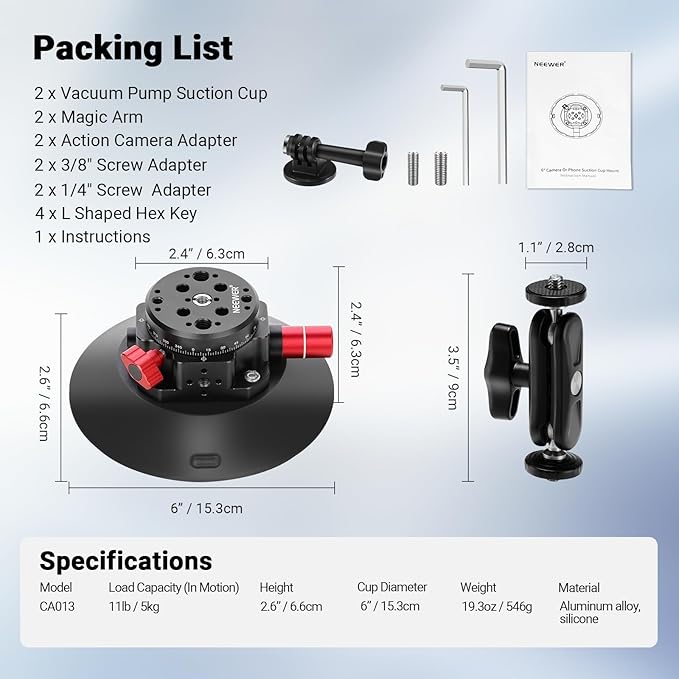 NEEWER 6" Suction Cup Camera Mount with Ball Head Magic Arm, 2 Pack Metal Car Mount for Camera/Action Camera/Phone, Air Pump Vacuum on Car or Window Glass with 1/4" 3/8" ARRI Mounting Holes, CA013