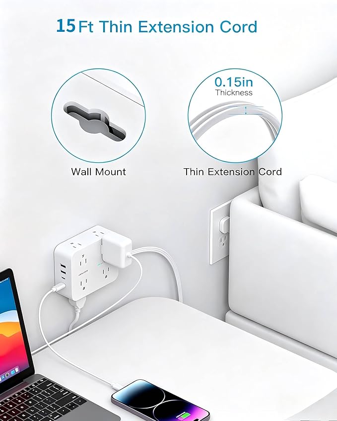 15 Ft Long Extension Cord with Ultra-Thin Flat Plug, 8 Widely Spaced Outlets & 4 USB Ports (2 USB C), 1080J Surge Protected Power Strip for Home Office, College Dorm Room Essentials, Wall Mount