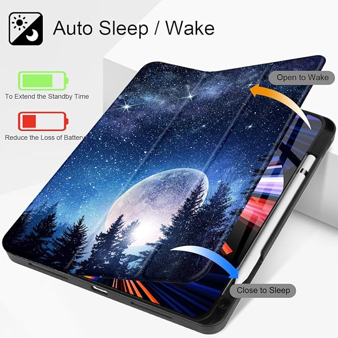 Tuiklo for iPad Pro 12.9 inch 6th / 5th / 4th / 3rd Generation 2022 2021 2020 2018 Release Case- Built in Pencil Holder Slim Protective Cover with Auto Wake/Sleep, Moonlight