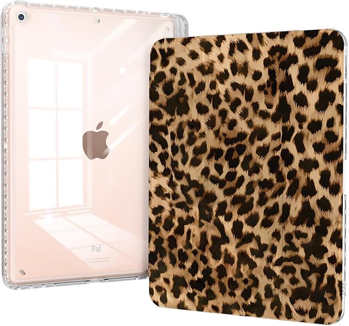 Case for iPad 9th/8th/7th Generation, iPad 10.2 Inch Case with Pencil Holder, Trifold Stand Slim Shockproof Clear Back Cover, Auto Wake/Sleep, Leopard