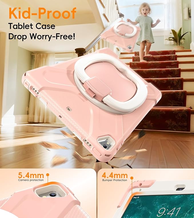 BATYUE Case for iPad 6th Generation 9.7 inch 2018, iPad 5th Gen 2017, iPad Air 2/ iPad Pro 9.7'',Shockproof Protective Cover with Pencil Holder &Rotating Bracket &Shoulder Strap(Rose Gold)