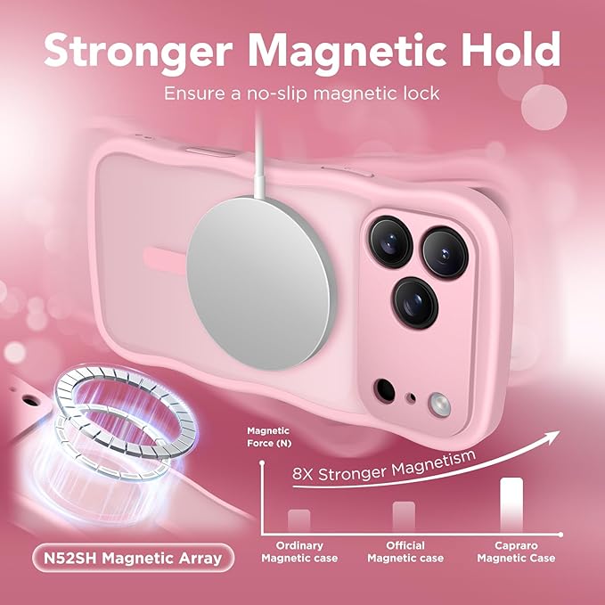 CAPRARO Magnetic for iPhone 17 Pro Case for Women Girls, Upgraded [Full Camera Protection] [Compatible with MagSafe] Cute Wave Translucent Matte Phone Case for iPhone 17 Pro, Peach Pink