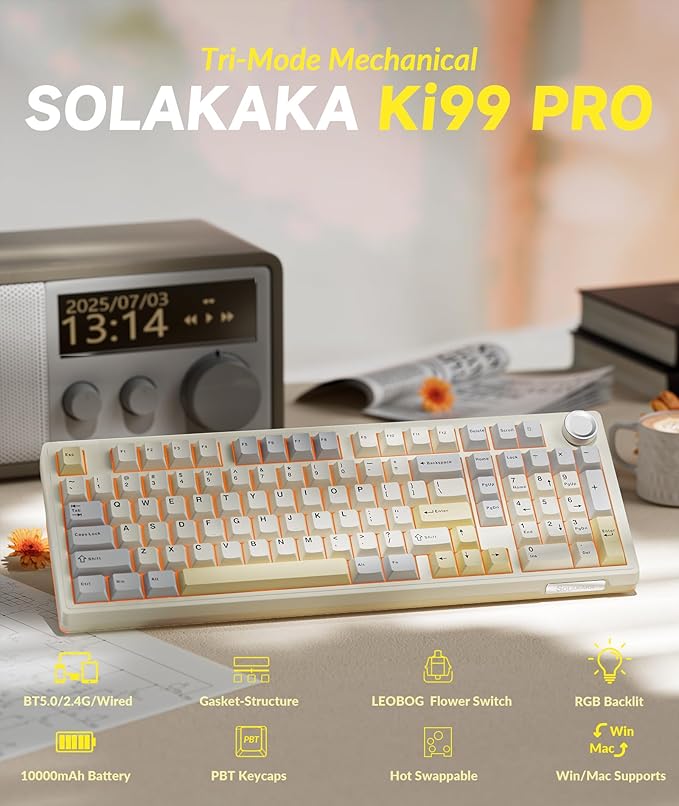SOLAKAKA KI99 Pro 96% Wireless Gaming Keyboard, RGB Creamy Keyboardw with Knob, Hot-Swappable Pre-Lubed Switches, Gasket Structure Mechanical Keyboards (Beige-White, Non-Silent Version)