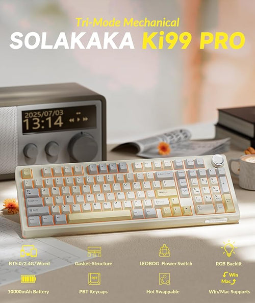 SOLAKAKA KI99 Pro 96% Wireless Gaming Keyboard, RGB Creamy Keyboardw with Knob, Hot-Swappable Pre-Lubed Switches, Gasket Structure Mechanical Keyboards (Beige-White, Non-Silent Version)