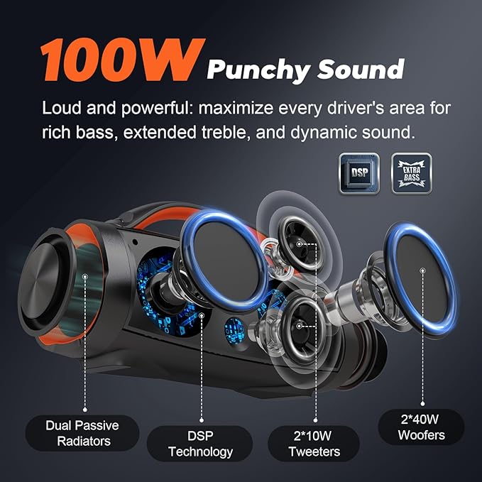 DOSS Extreme Boom Pro 100W Loud Outdoor Speaker, 2+2 Channel, IPX6 Waterproof, Bluetooth 5.3, 20H Playtime, Dynamic RGB Lights, Portable Speaker for Camping, Beach, Pool, Working Outside - Orange