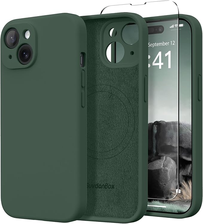 Magnetic for iPhone 14 Case, Compatible with MagSafe, [Full Camera Protection][Screen Protector] Silicone Shockproof Protective Phone Case for iPhone 14 6.1 inch, Alpine Green