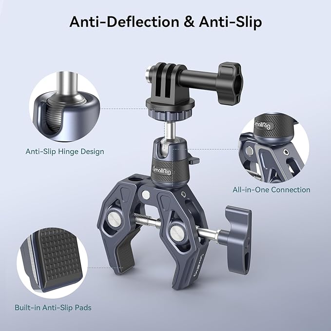 SMALLRIG Camera Mount Clamp, Gopro Motorcycle and Bike Handlebar Mount Kit, Super Clamp for DSLR, Action Camera, Gopro, Insta360, LED Light, Monitor, Max Load 3.5KG