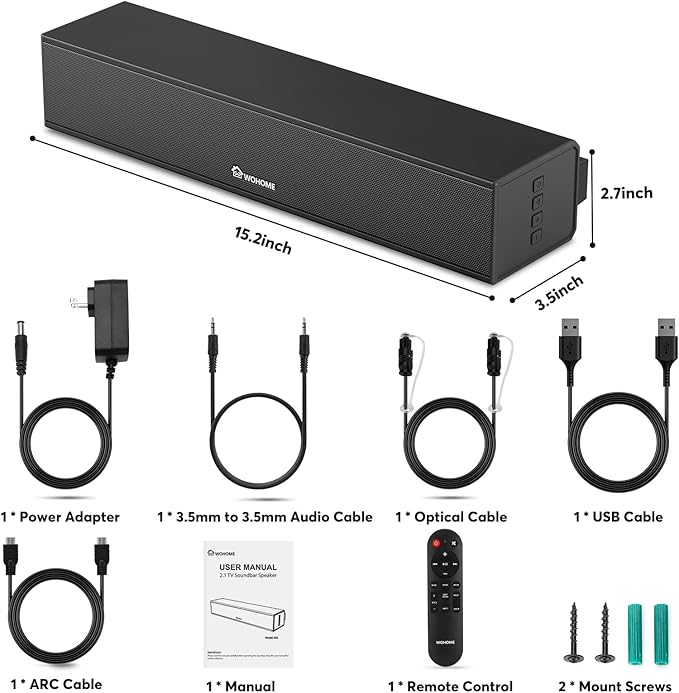 2.1 Sound Bar for Smart TV with Built-in Subwoofer, 6 Levels Voice Enhancement, 15 Inches Small TV Soundbar Speakers with Bluetooth 5.3/ARC/Optical/AUX/USB Connection, 3 EQ Modes, Wall Mount