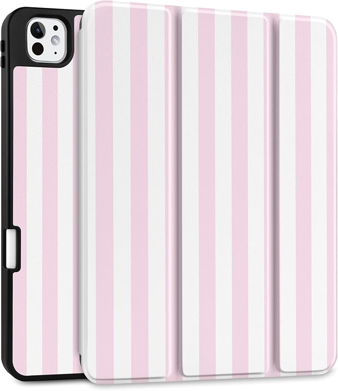 DONGKE Case for iPad Pro 11 inch (M5 2025 / M4 2024, 6th & 5th Generation) – [Built-in Pencil Holder] Ultra Slim PU Leather Trifold Stand Cover with Soft TPU Back, Auto Wake/Sleep, Pink Stripes