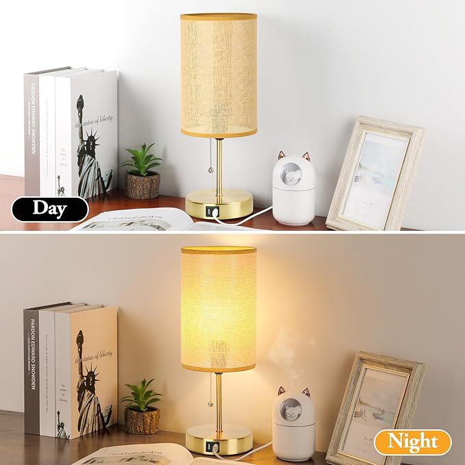 Set of 2 Table Lamp with 2 USB, Vintage Bedside Lamps for Bedrooms, Nightstand Lamps with Pull Chain, Bamboo Woven Desk Lamps with Rattan Lampshade and Gold Metal Base for Bedroom Living Room Desk