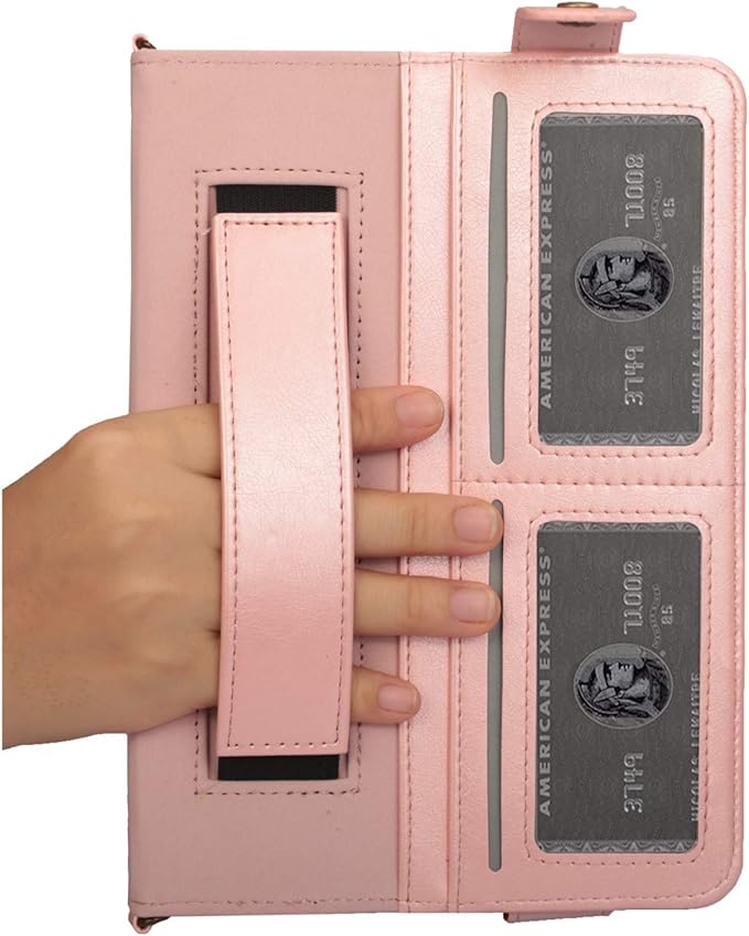 7.9-inch iPad mini Case with Pencil Holder, Techcircle Smart Folio Stand PU Leather Crossbody iPad mini Series Cover with Hand Strap, Multiple Card Slots Envelope Pocket Wallet Case, Rose Gold