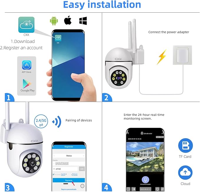 CKK 1080P Security Camera Outdoor Corded Power, 2MP PTZ WiFi Home Camera (2.4G/5G Dual-Band), 360° Pan/Tilt, Color Night Vision, Motion Alerts, 2-Way Audio, Compatible with Alexa, SD/Cloud Storage