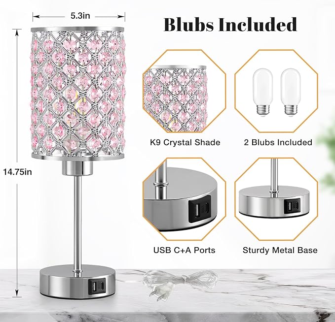 GyroVu Pink Crystal Table Lamp, Touch Control Bedside Lamps with USB-C+A Charging Ports, Dimmable Nightstand Small Desk Lamp Set of 2 for Girl Bedroom, Living Room, Office(Buld Included)