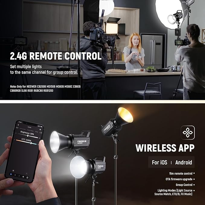 NEEWER FS230B LED Video Light 2.4G/APP Control, 230W Bi Color COB Silent Photography Continuous Output Lighting with 4 PWM Dimming Types, 110000lux/m, 2700K-6500K, CRI 97+, 12 Scenes, Bowens Mount