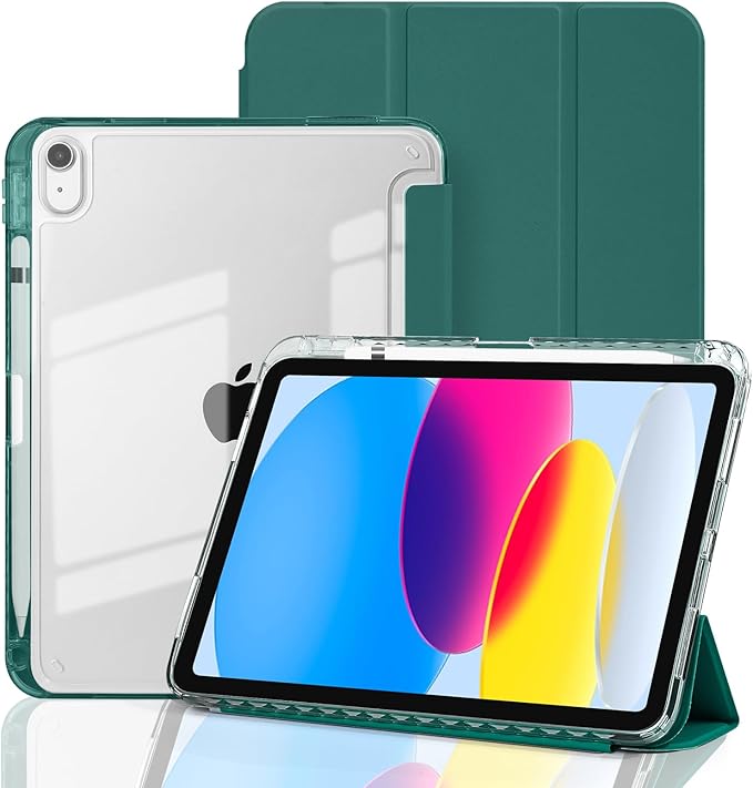 Case for iPad A16 11th Generation 11 Inch 2025, iPad 10th Generation 10.9 Inch 2022, Hybrid Protective Cover with Pencil Holder, Clear Transparent Back Shell Anti-Yellowing Case, Dark Green