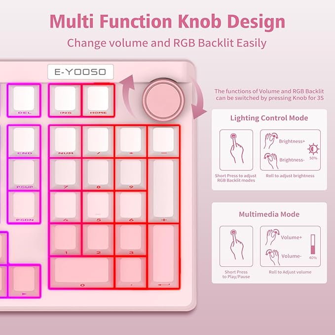 E-YOOSO Wireless Mechanical Keyboard, 96% Custom Gaming Keyboard with Knob, Creamy Sound, Number Pad, Hot Swappable Pre-lubed Linear Switches, RGB Backlit, 2.4GHz/Bluetooth/USB Wired, Pink