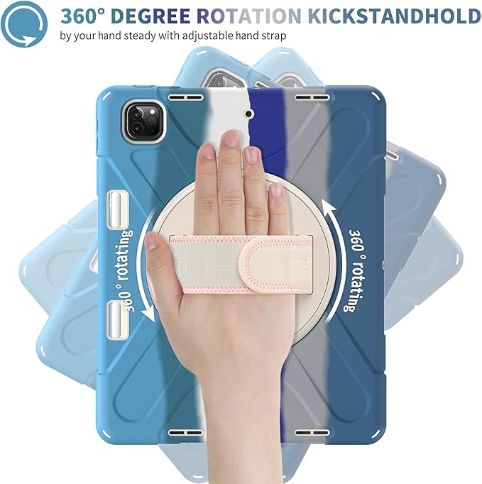 Batianda Case for New iPad Pro 11-inch 2025 M5 2024 M4 Chip Heavy Duty Rugged Durability Silicone Tablet Cover with 360° Rotating Hand Strap Foldable Hidden Stand & Shoulder Strap, Colorful Blue