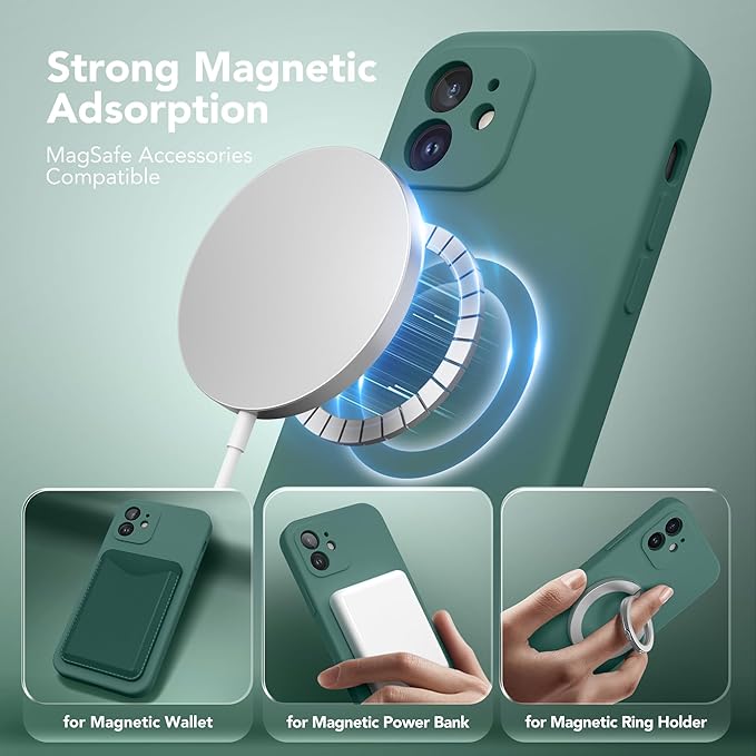 Magnetic for iPhone 12 Case, Compatible with MagSafe, [Full Camera Protection][Screen Protector] Silicone Shockproof Protective Phone Case for iPhone 12 6.1", Midnight Green