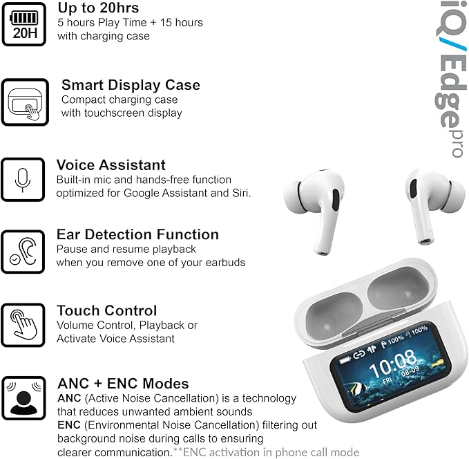 IQ Sound IQ-341 ANC & ENC Bluetooth Earphone with Touchscreen Display Charging Case, True Wireless Earbuds, Stereo Sound, Dual Mic, Voice Assistant, In-Ear Detection, USB-C Charging (White)