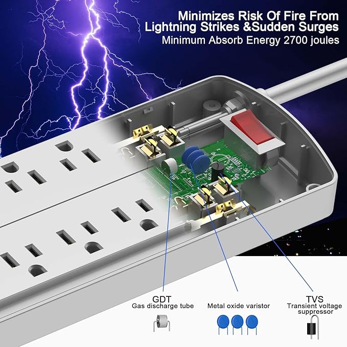 Power Strip, ALESTOR Surge Protector with 12 Outlets and 4 USB Ports, 10 Feet Extension Cord (1875W/15A), 2700 Joules, ETL Listed, Grey