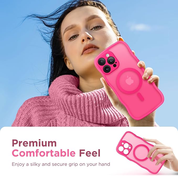 CAPRARO Cute for iPhone 13 Pro Case, Compatible with MagSafe, [Curly Wave Edge] [Full Camera Protection] [14 FT Drop Protection] Magnetic Phone Case for 13 Pro 6.1 Inch, Hot Pink
