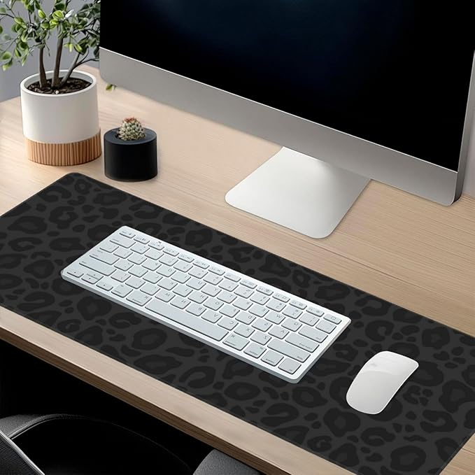 Black Leopard Print Mouse Pads XXL Extended Mousepad with Stitched Edges Non-Slip Rubber Base Computer Keyboard Pad Desk Mat for Home Office Desk Decor, 35.4" X 15.7"